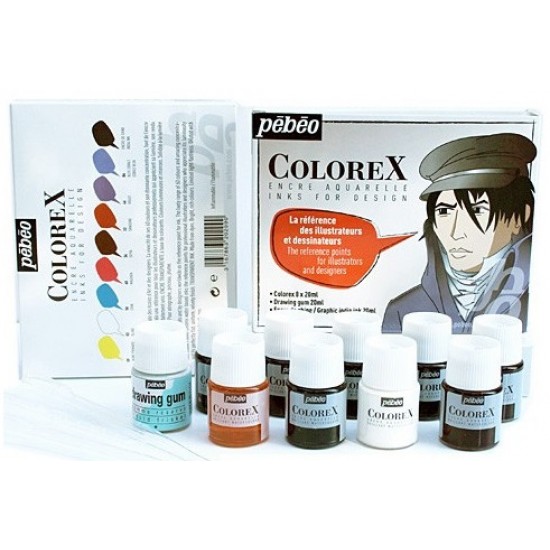 Water-based ink set, 10 colors, 20 ml liquid + drawing glue + black Indian ink + 3 pipettes. Colorex Pebeo